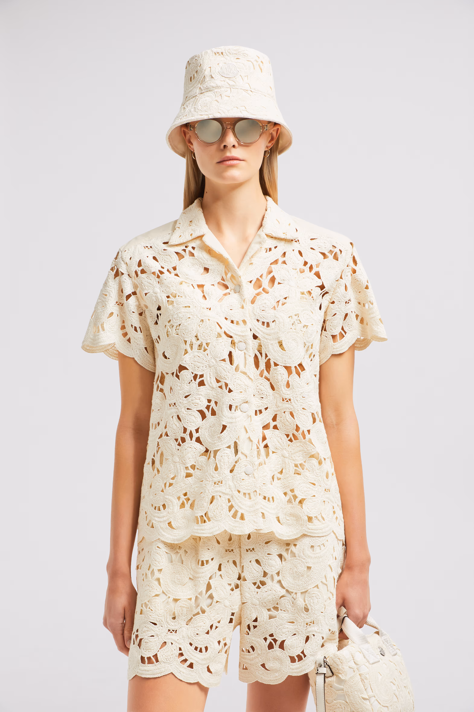 Floral Macramé Short Sleeve Shirt Women White Ivory Moncler 0